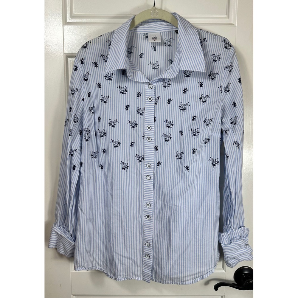 Cabi Womens Striped Floral Button Down Shirt Blue‎ White Size M